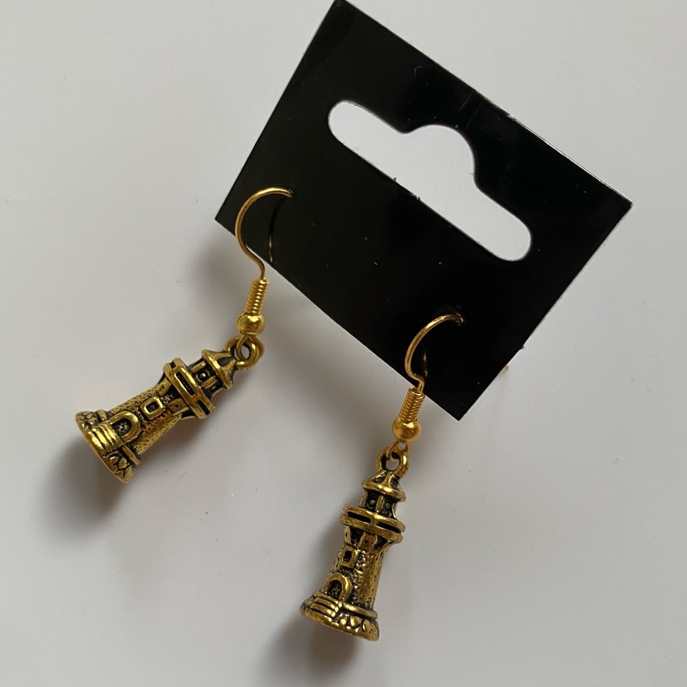Handmade Lighthouse‎ Earrings GOLD PLATED STAINLESS STEEL Nautical Ocean Beach